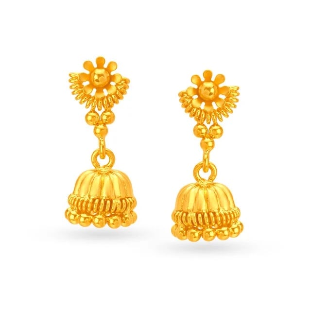 Traditional 22 Karat Yellow Gold Beaded Floral Jhumkas,,hi-res image number null