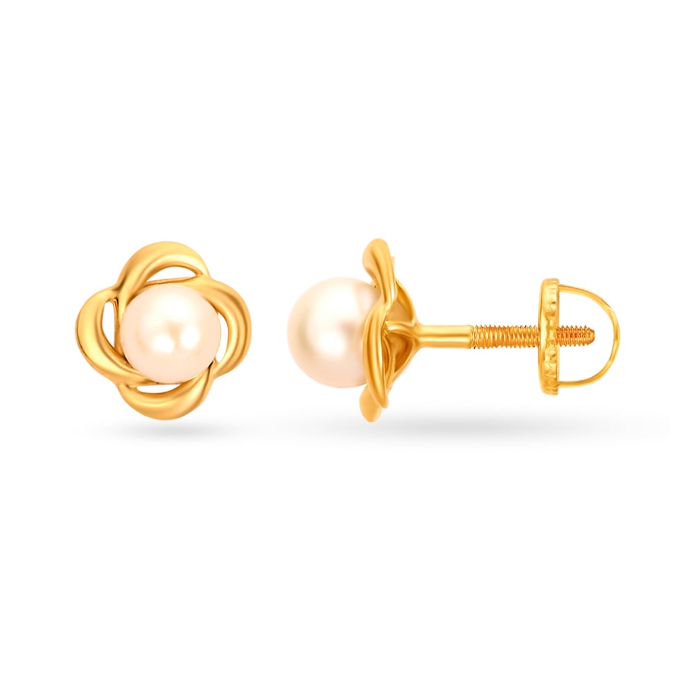 Floral Pearly Gold Stud Earrings,,hi-res image number null