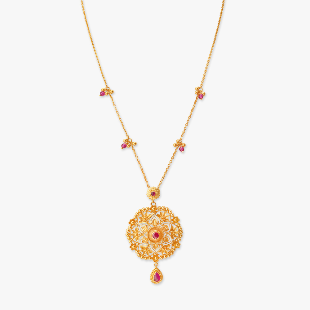 Floral Filigree Gold Pendant with Chain and Earrings Set,,hi-res image number null