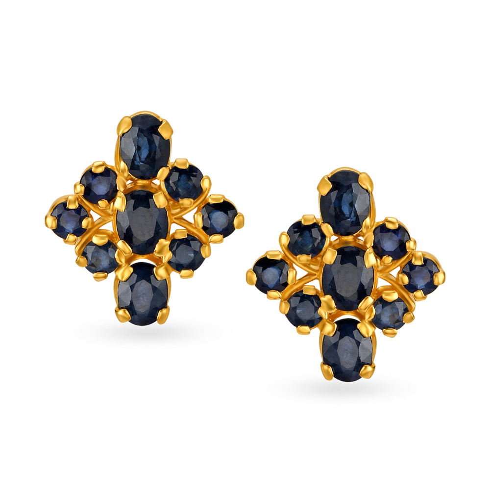 Blue Sapphire flower ear studs with diamond star