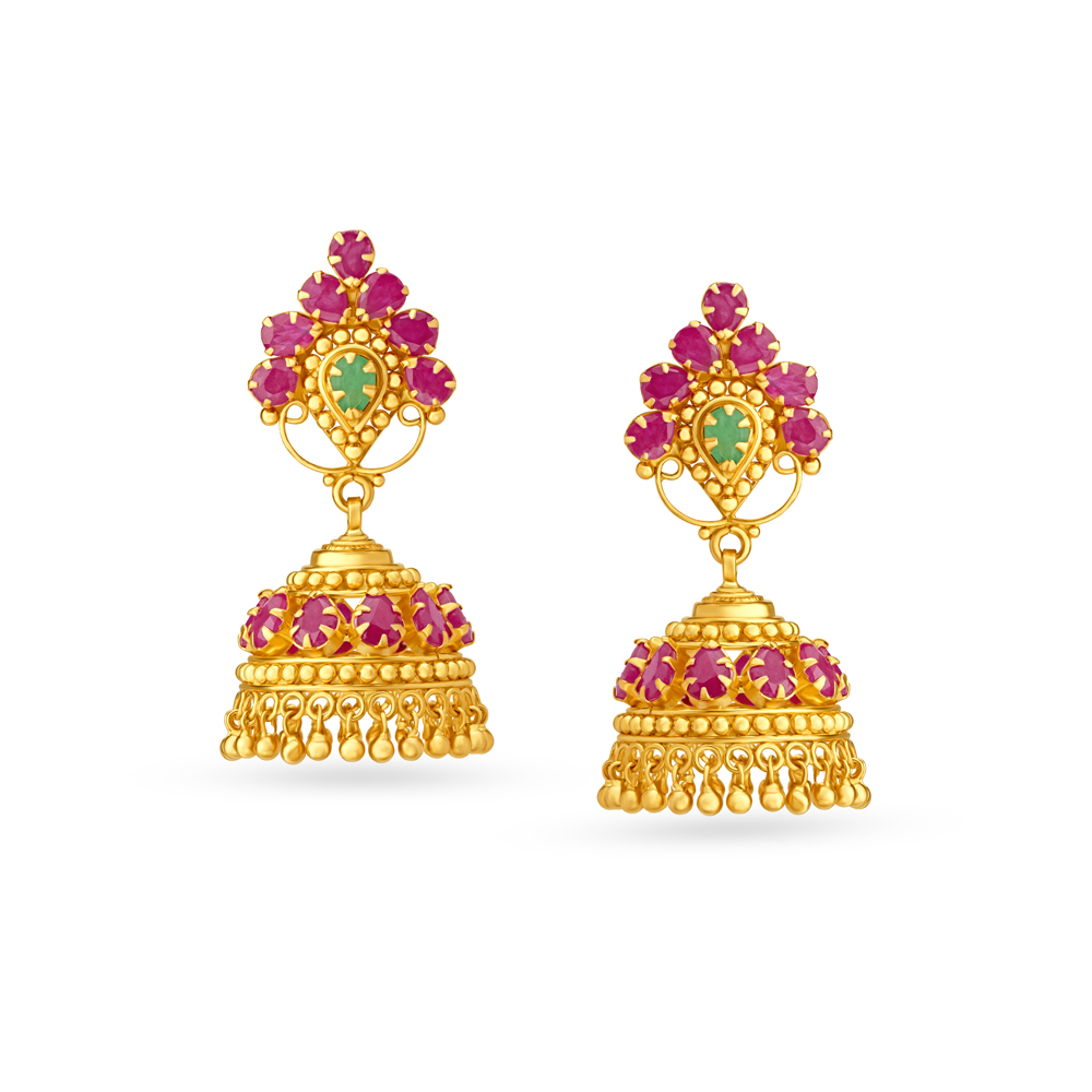 Emerald And Ruby Floral Gold Jhumka Earrings,,hi-res image number null