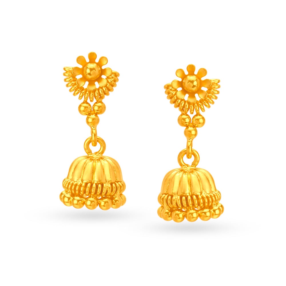 Traditional 22 Karat Yellow Gold Beaded Floral Jhumkas