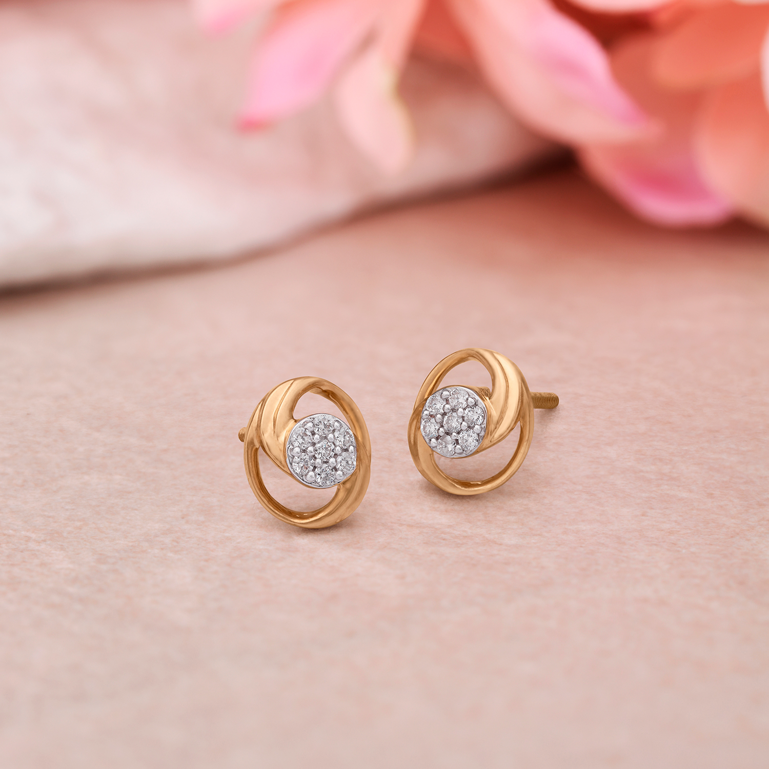 Solitaire Look Floral Gold and Diamond Stud Earrings