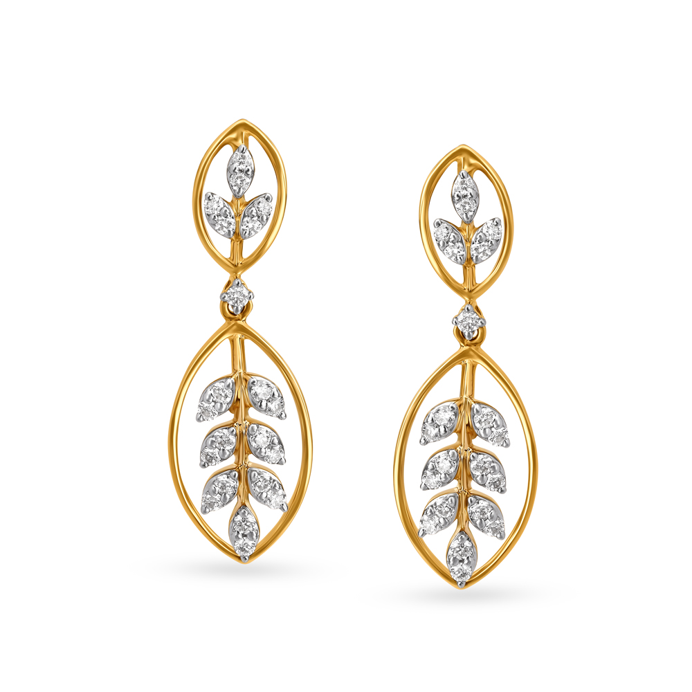 Elegant Nature Inspired Leaf Pattern Diamond Drop Earrings