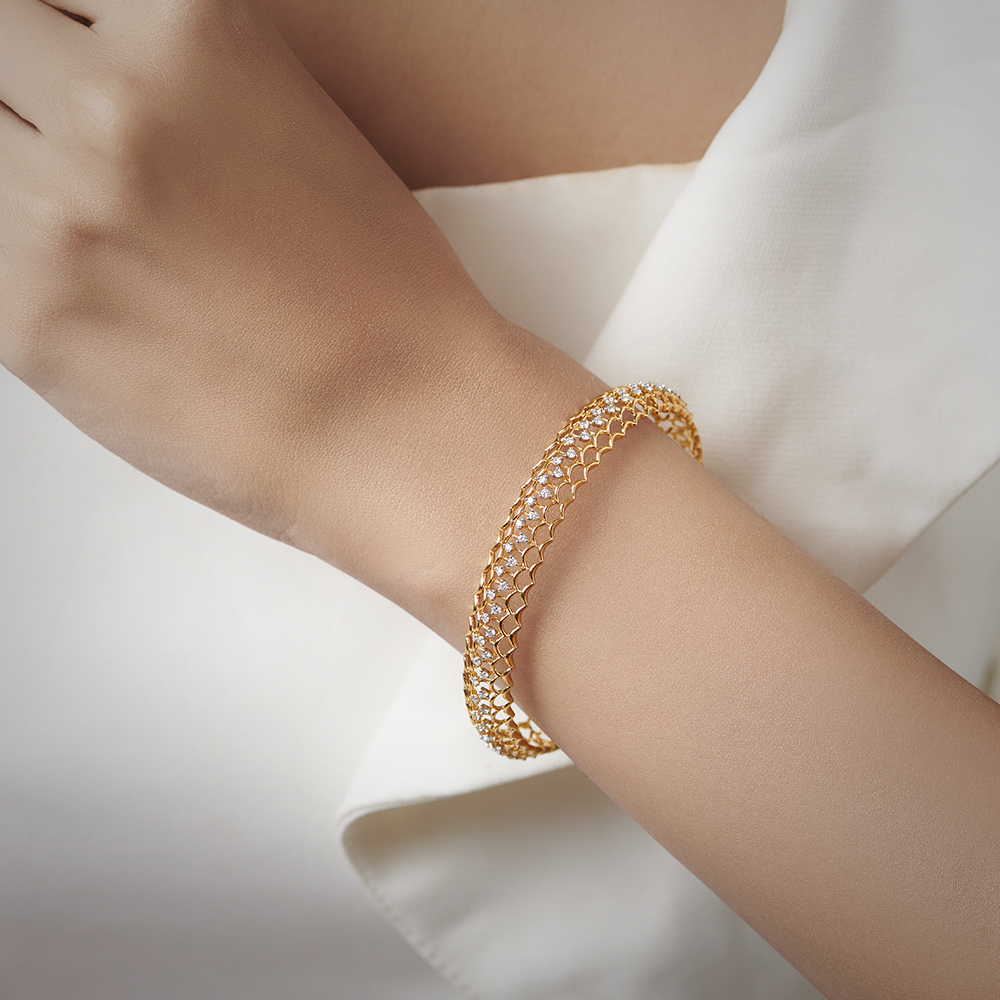 Diamond Studded Open Work Gold and Diamond Bangle,,hi-res image number null