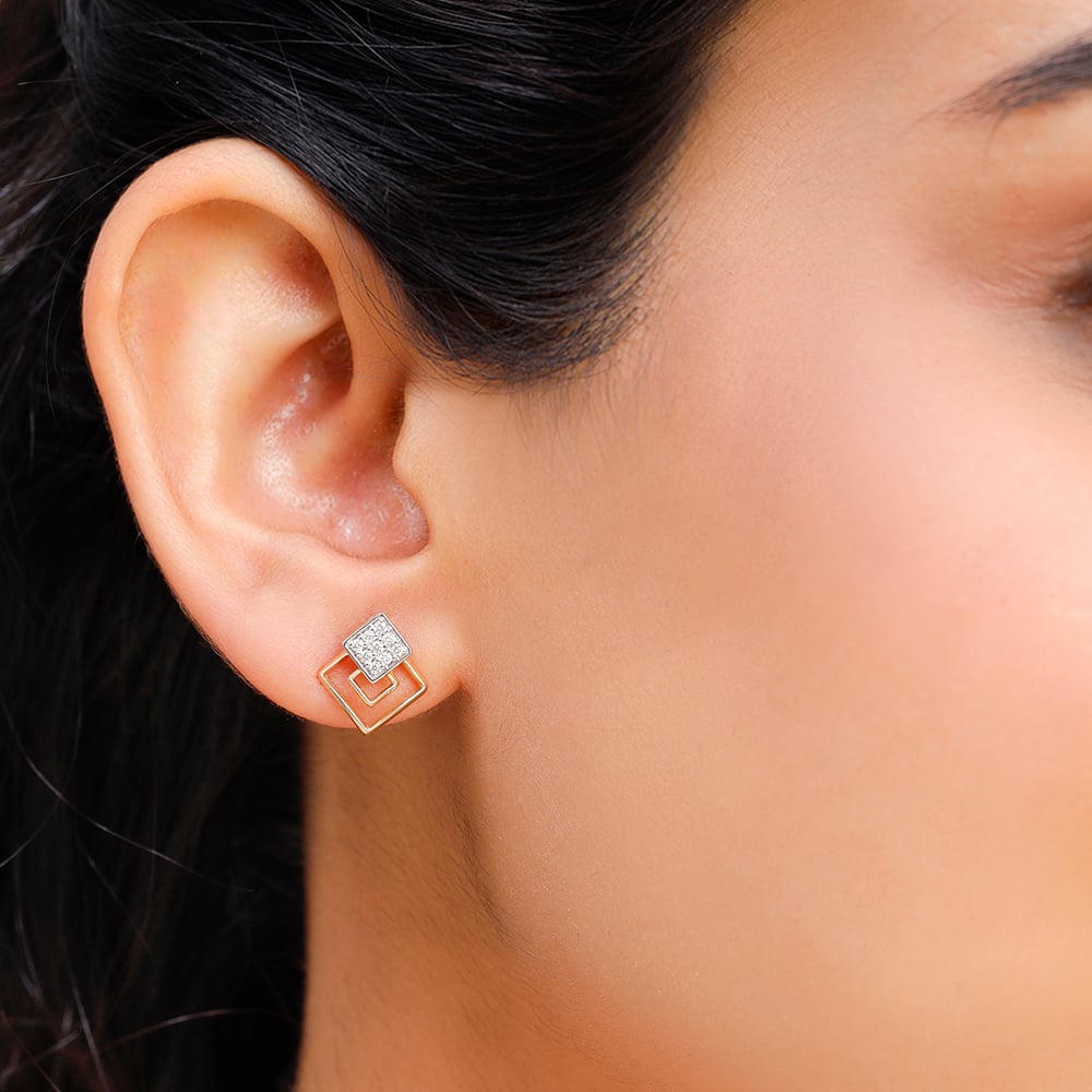 14KT Yellow Gold Sparkling Trio of Rhombus Diamond Stud Earring,,hi-res image number null