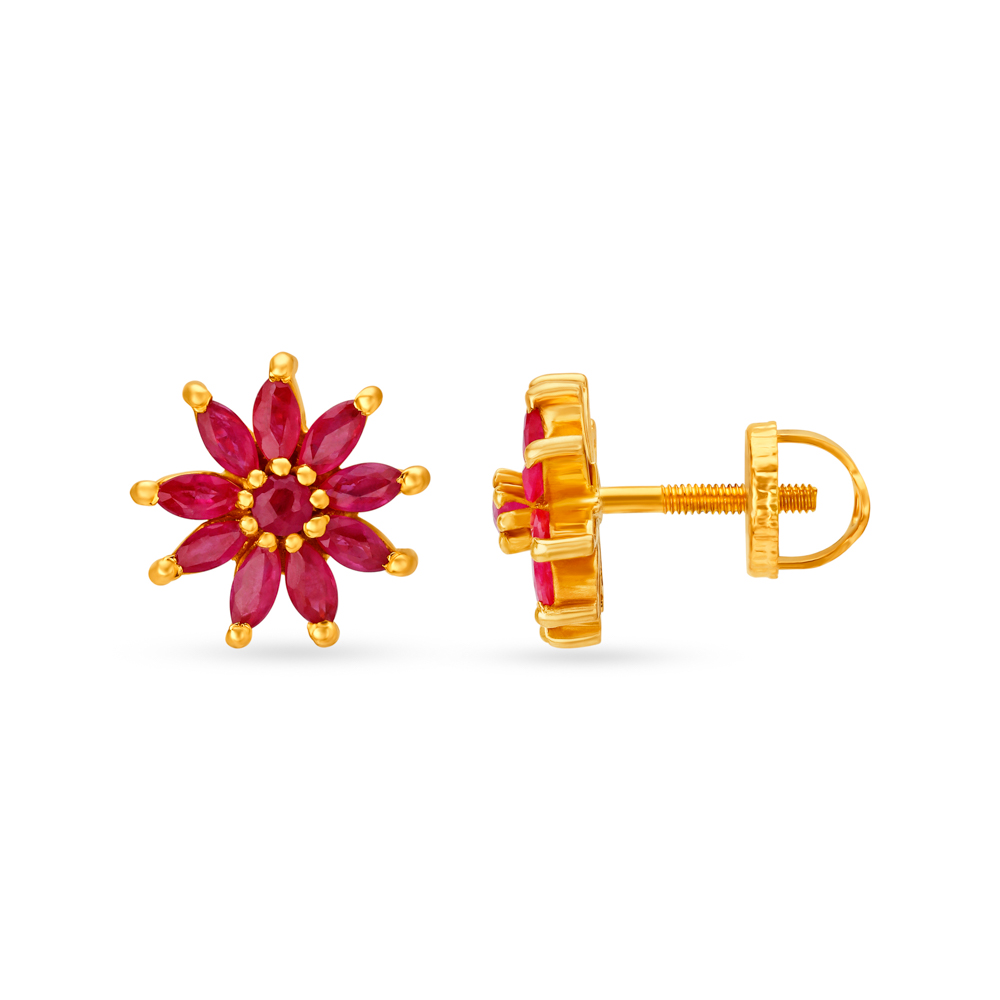 Mesmerizing 22 Karat Gold And Ruby Bloom Stud Earrings,,hi-res image number null