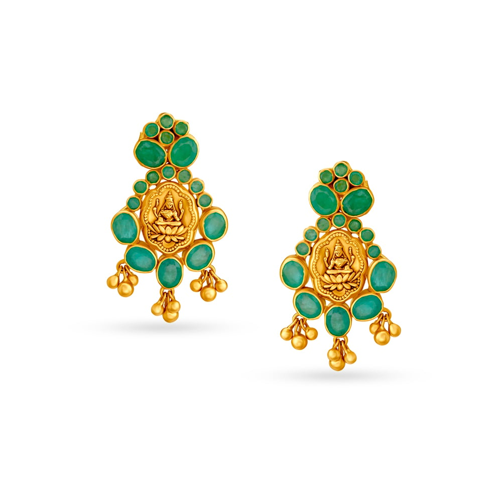 Emerald Lakshmi Motif Gold Drop Earrings