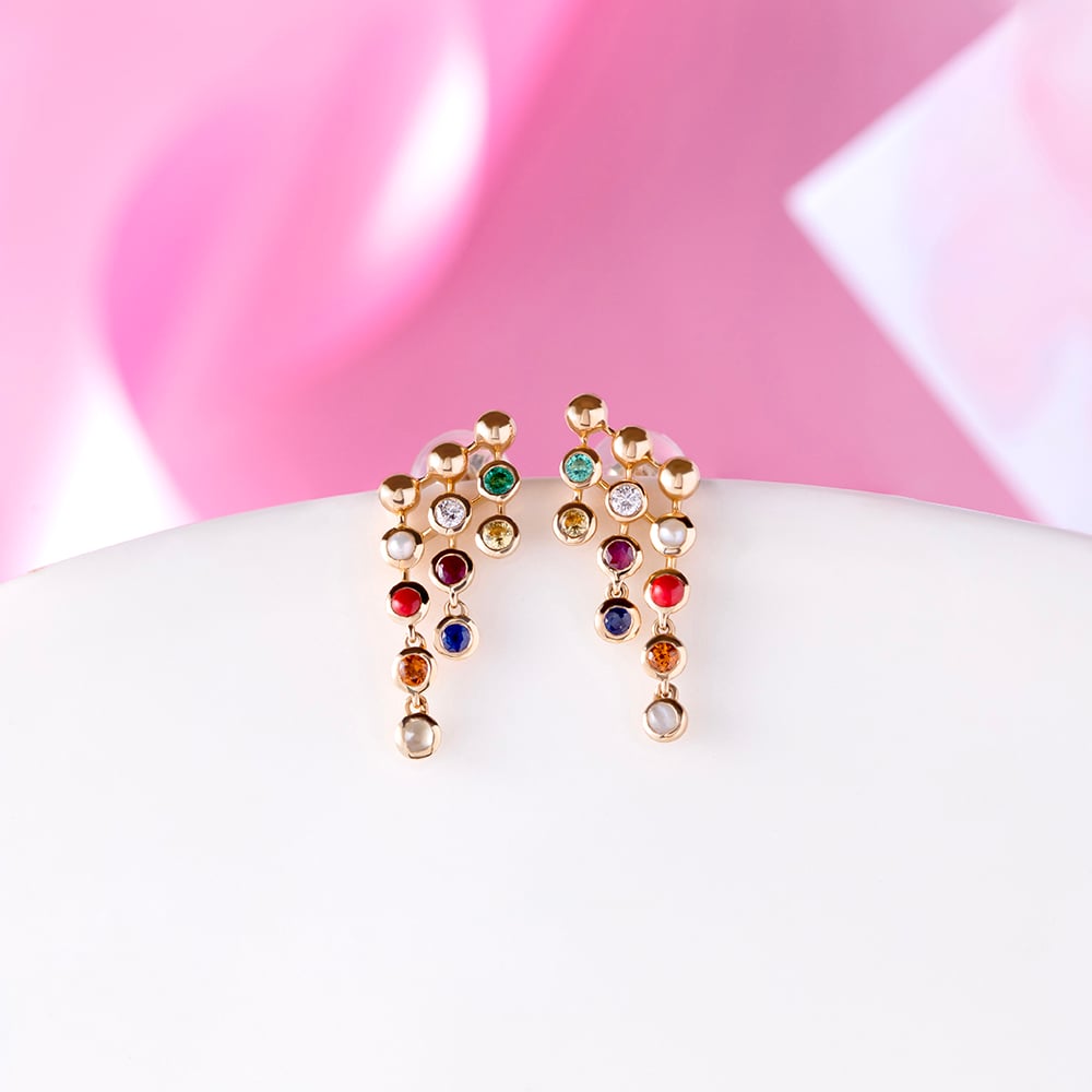 Vibrant Multicoloured Gold & Diamond Drop Earrings,,hi-res image number null