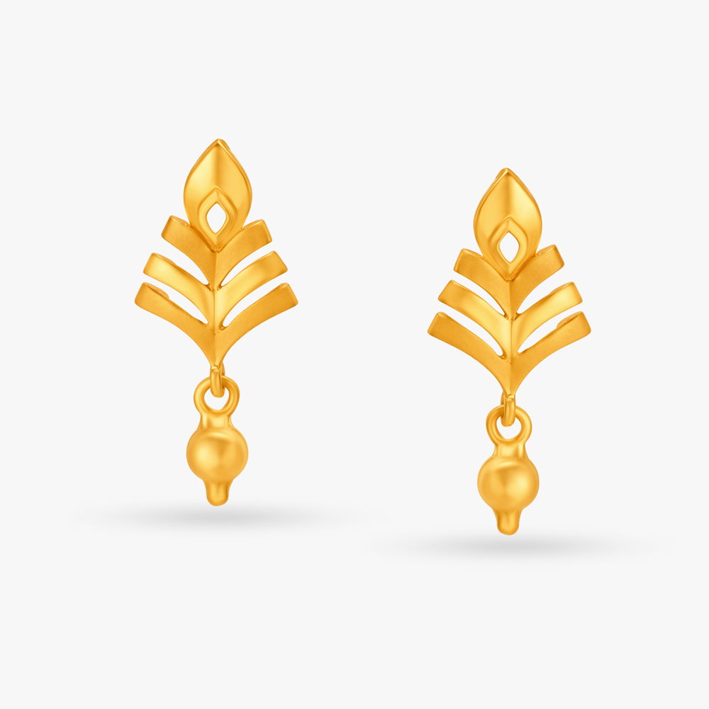 Leaf Pattern Gold Drop Earrings With Hanging Beads