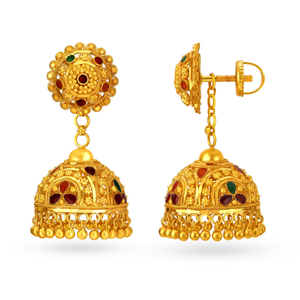 Exuberant Traditional Meenakari Gold Jhumkas,,hi-res image number null