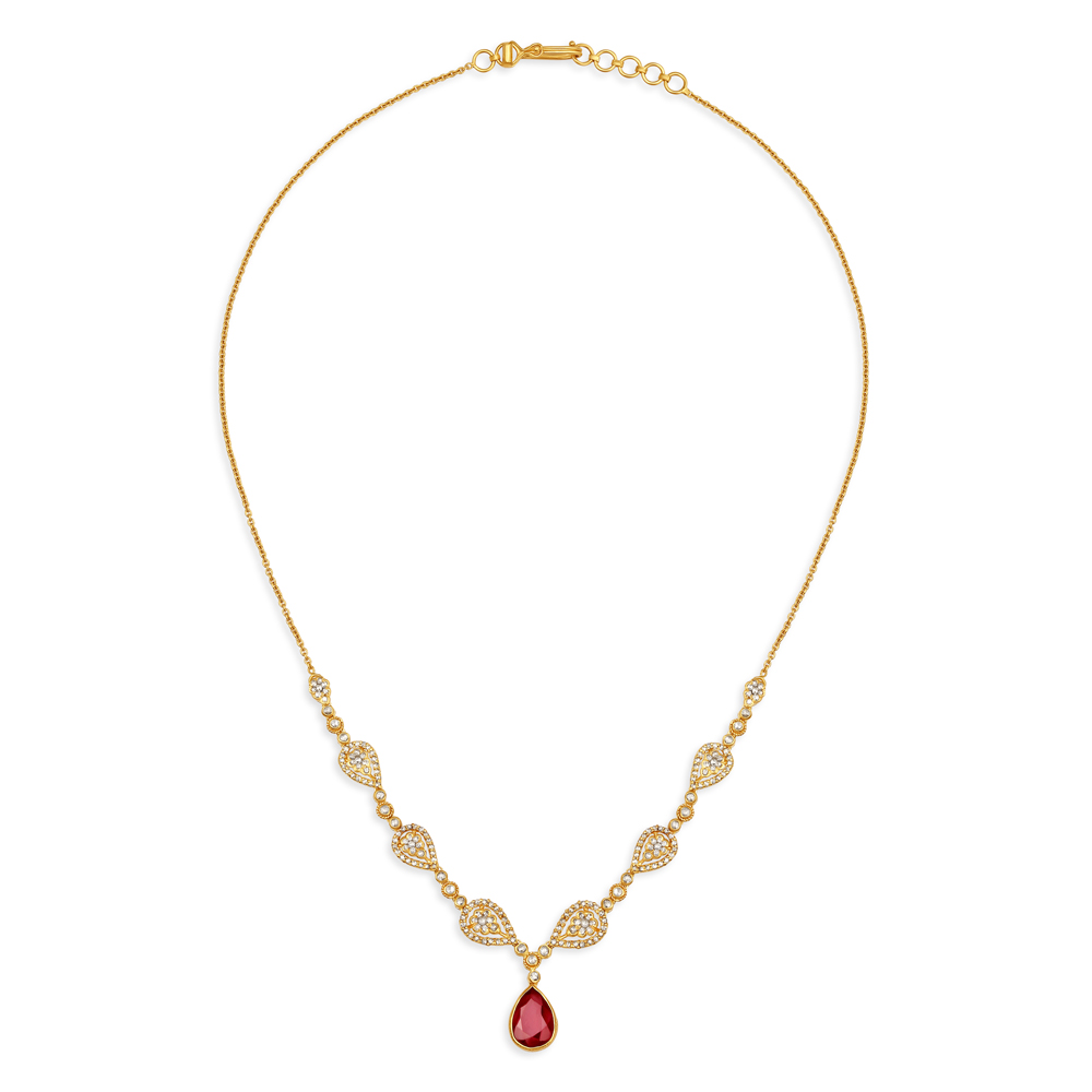 Enticing Ruby Studded Floral Work Gold Necklace Set