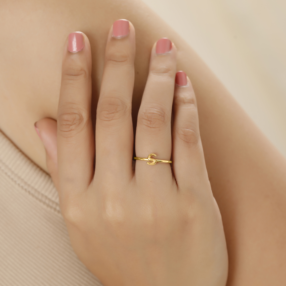 Letter S 14KT Yellow Gold Initial Ring,,hi-res image number null