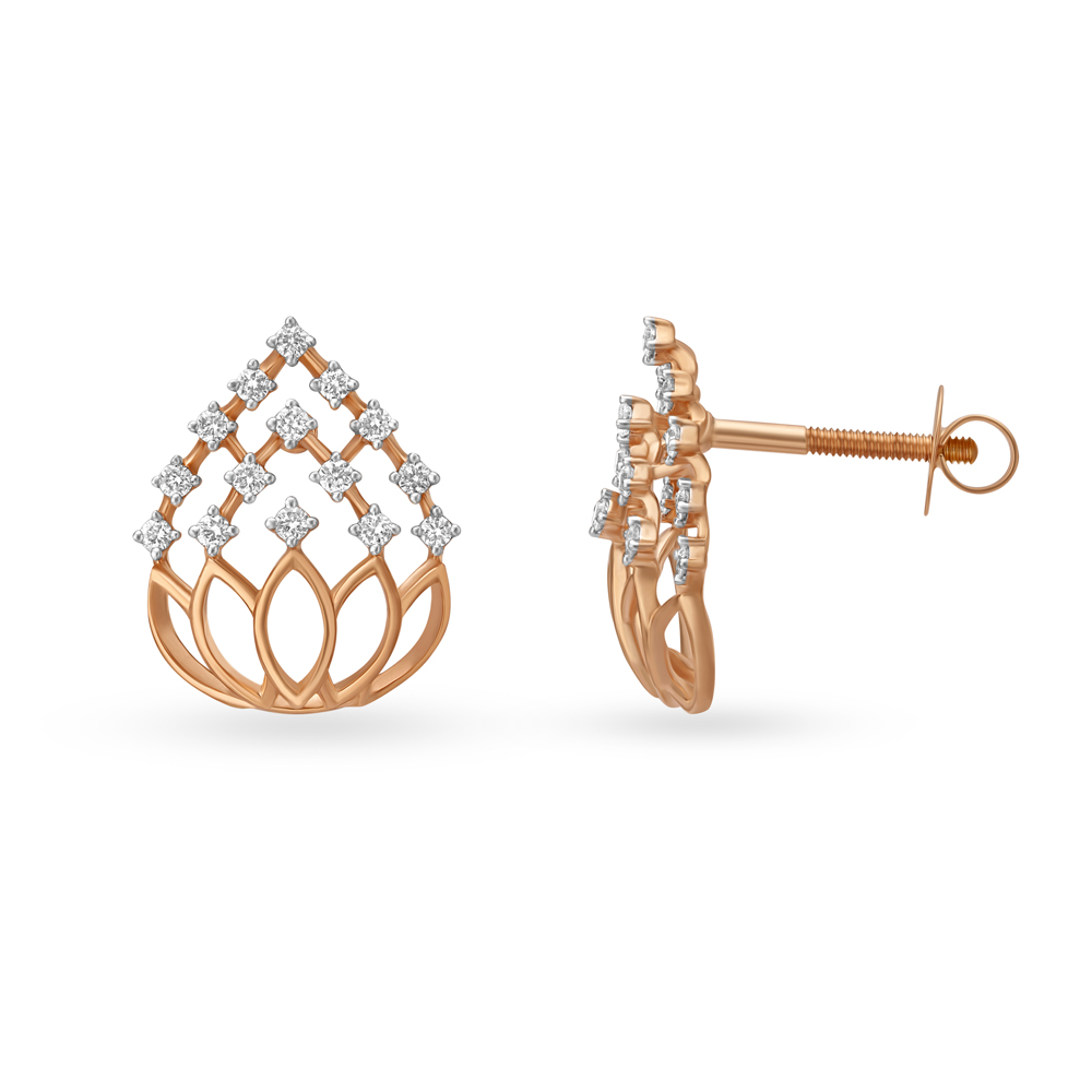 Chic Lotus Inspired Diamond and Gold Stud Earrings,,hi-res image number null