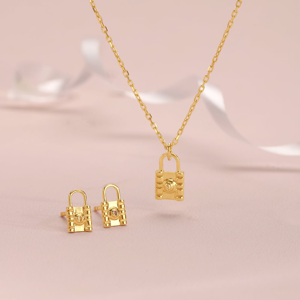 Lock Charm 14 Kt Gold Necklace Set,,hi-res image number null