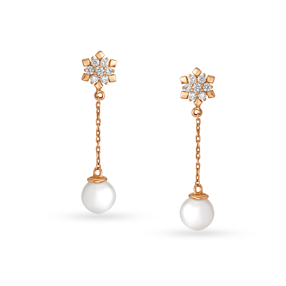 Exquisite Diamond Drop Earrings in Rose Gold with Pearls,,hi-res image number null