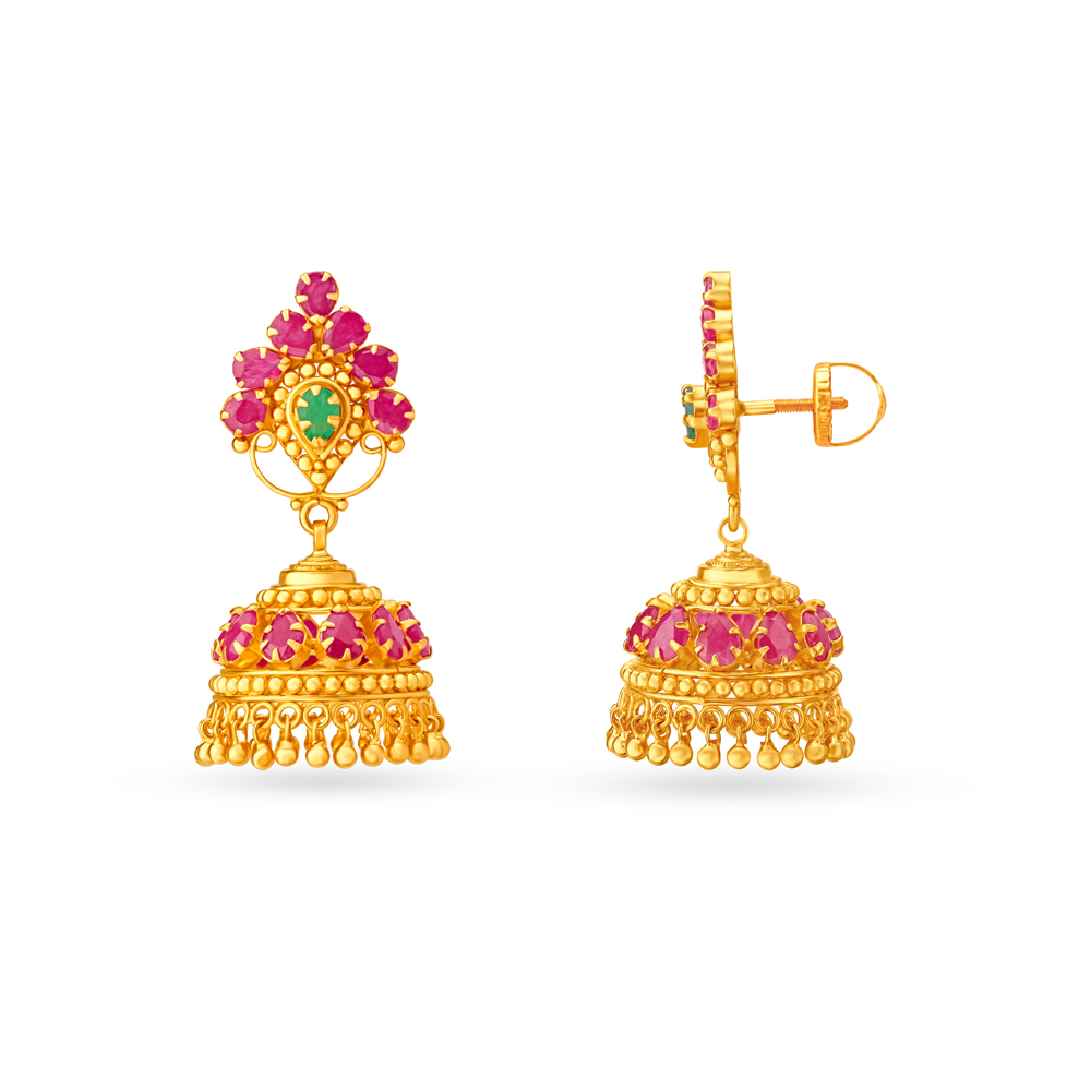 Emerald And Ruby Floral Gold Jhumka Earrings,,hi-res image number null