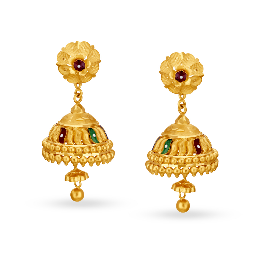 Radiant Meenakari Gold Jhumka Earrings