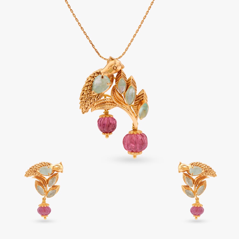 Perched Bloom Gold Pendant and Earrings Set,,hi-res image number null