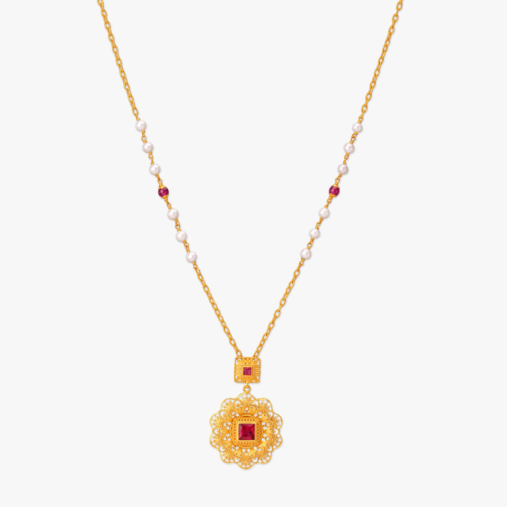 Floral Geometry Gold Pendant with Chain and Earrings Set,,hi-res image number null