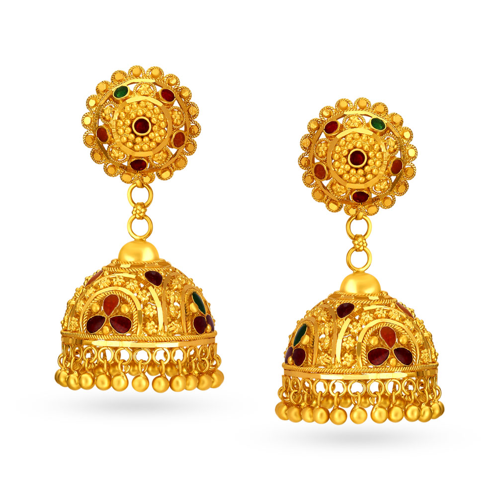 Exuberant Traditional Meenakari Gold Jhumkas