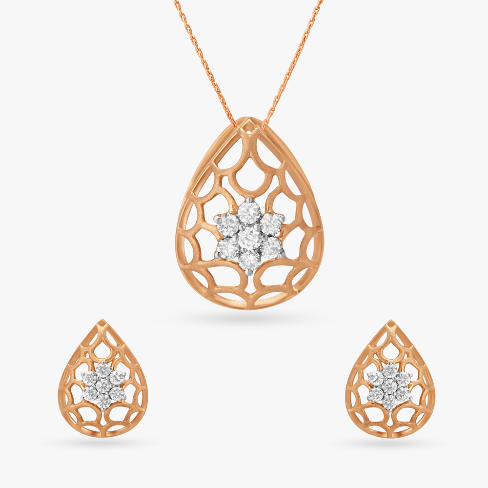 Delicate Mesh Diamond Pendant and Earrings Set