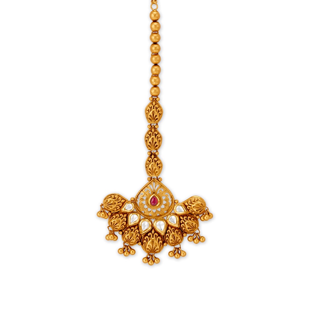 Traditional Floral Motif Coloured Stone Studded Gold Maang Tikka