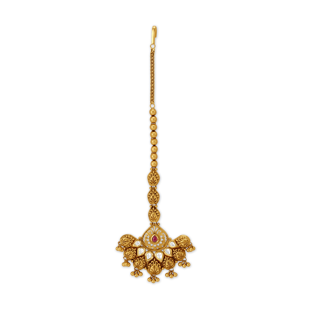 Traditional Floral Motif Coloured Stone Studded Gold Maang Tikka,,hi-res image number null