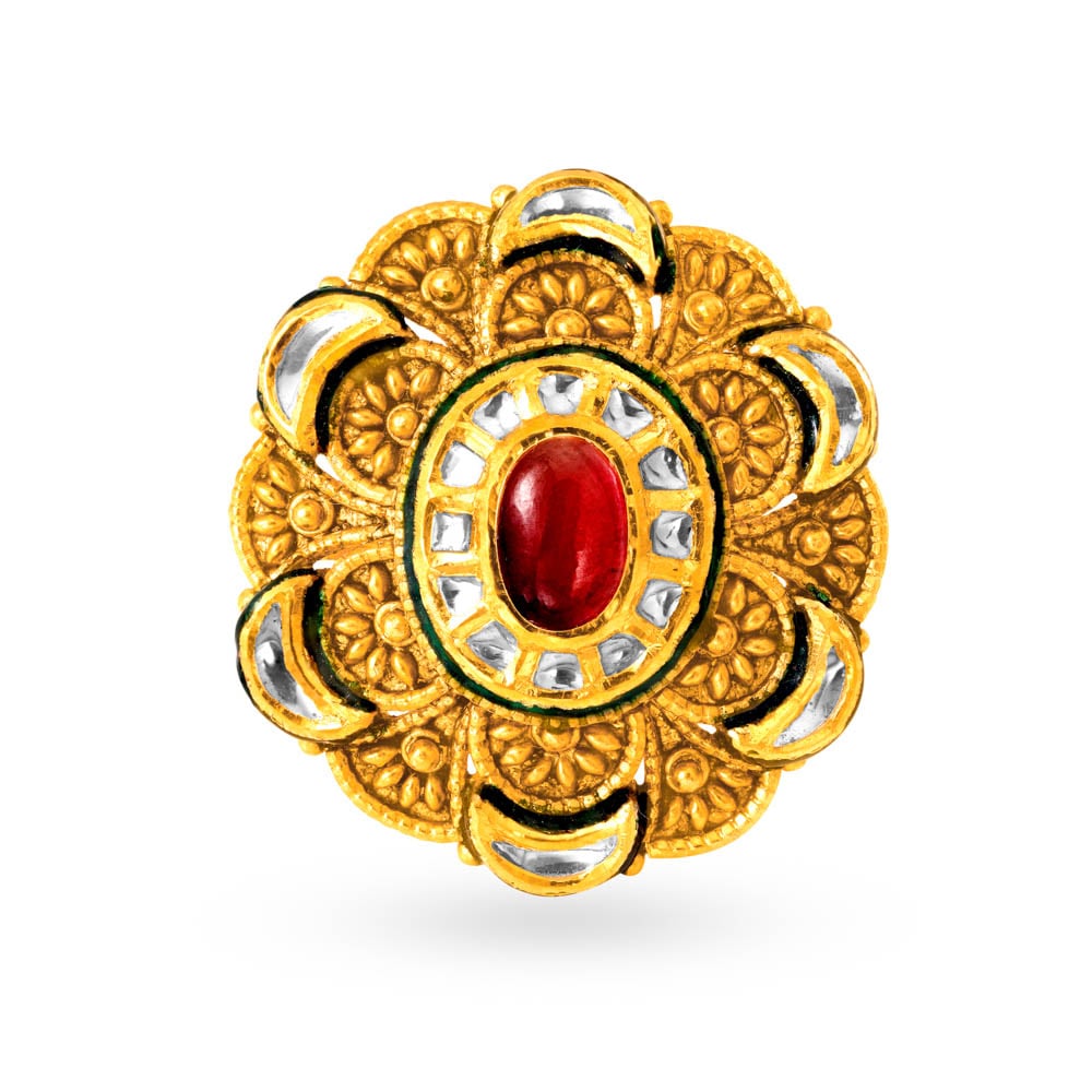 Vintage 22 Karat Gold And Kundan Glass Floral Ring,,hi-res image number null