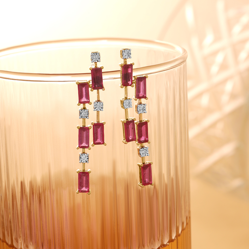 Sparkling Baguettes 14KT Ruby & Diamond Drop Earrings,,hi-res image number null