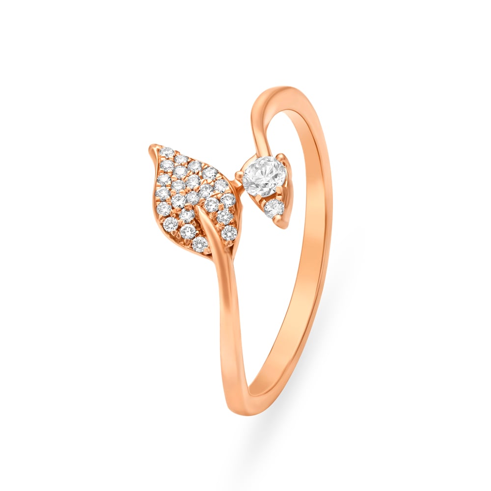 Dazzling 18 Karat Rose Gold And Diamond Studded Leaf Pattern Finger Ring,,hi-res image number null