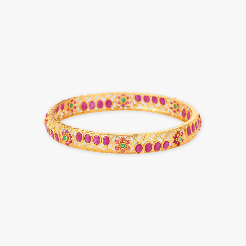Ornate Floral Motif Gold Bangles,,hi-res image number null
