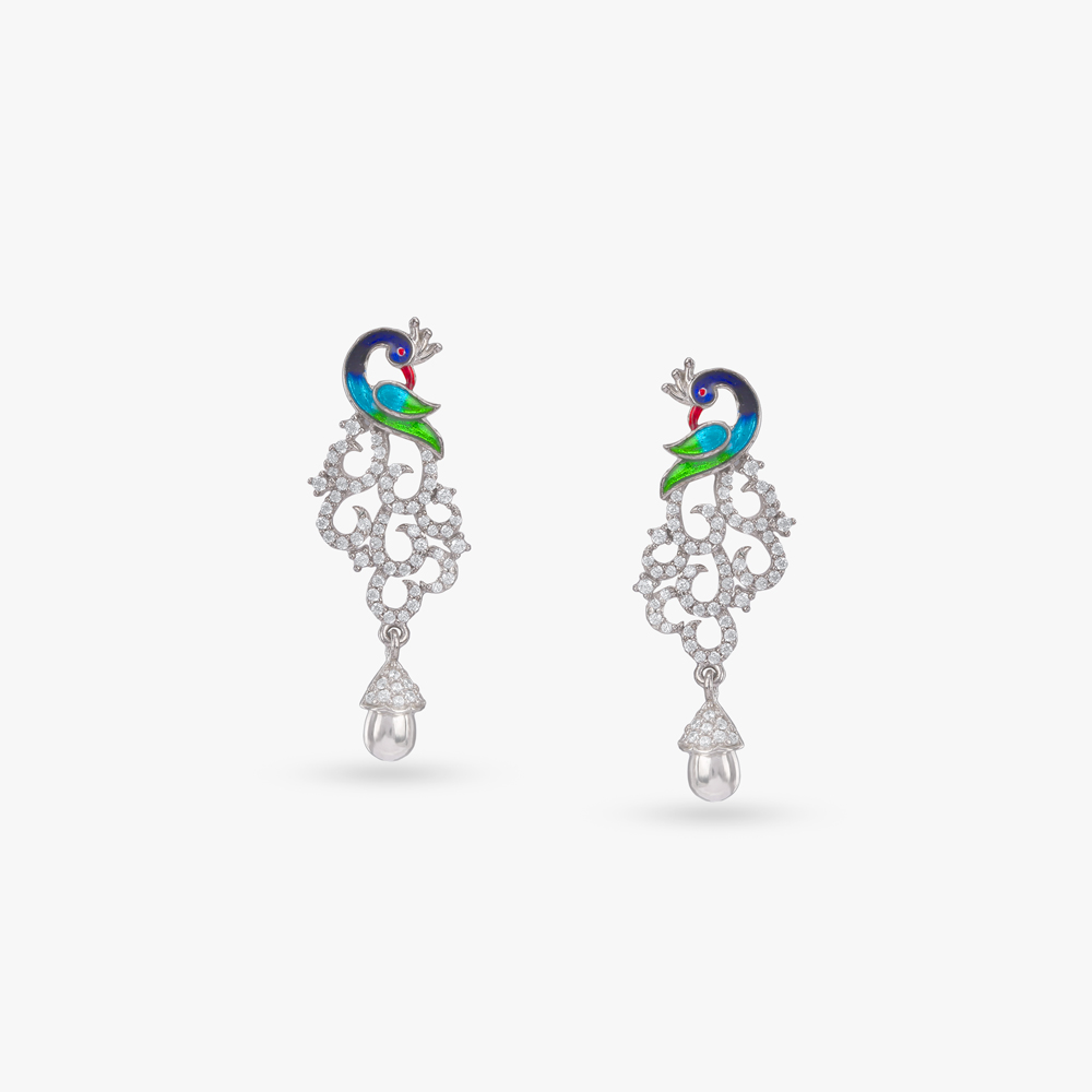 Peacock Parade Silver Pendant with Chain and Earrings Set,,hi-res image number null