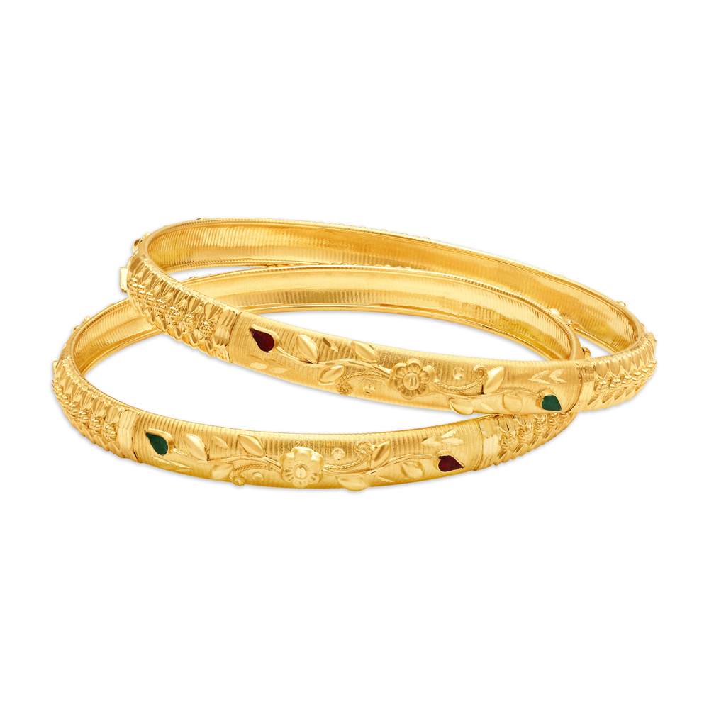 

Blossoming Yellow Gold Floral Carved Bangles