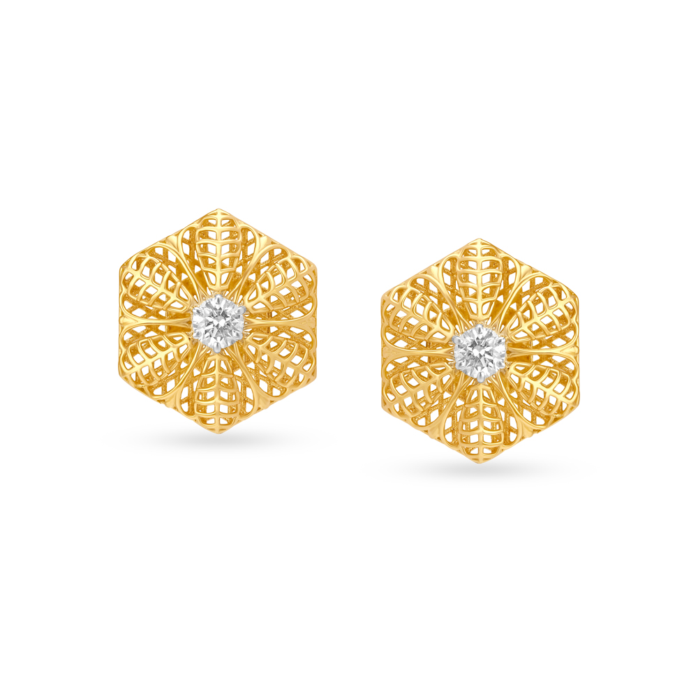 Mesh Work Floral Gold and Diamond Stud Earrings