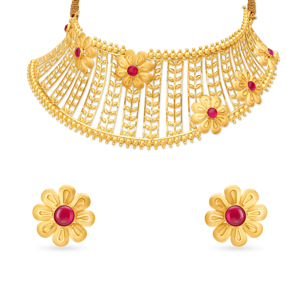 Floral Lightweight Gold Choker Necklace Set,,hi-res image number null