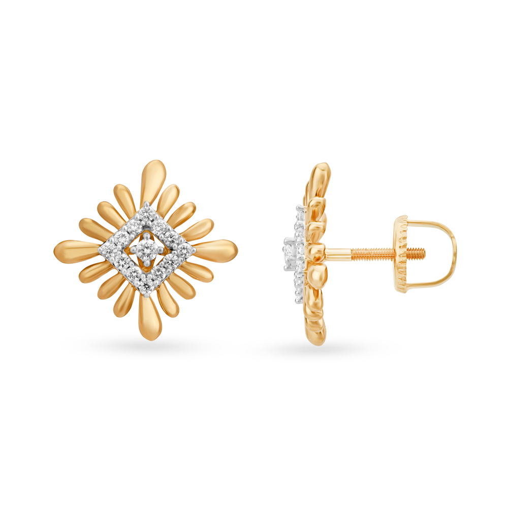 Unique Floral Gold and Diamond Stud Earrings,,hi-res image number null