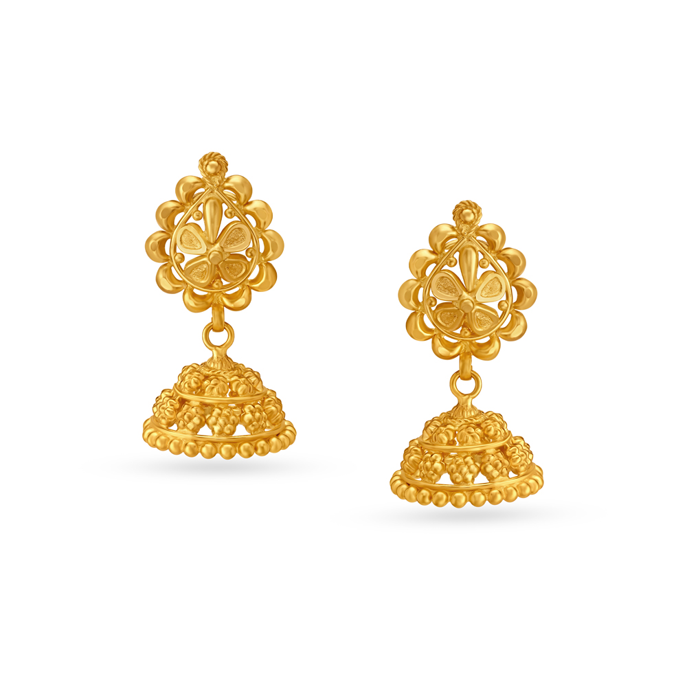 Floral Motif Gold Jhumka Earrings