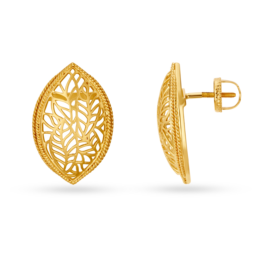 Contemporary Leaf Shaped Jali Work Gold Stud Earrings,,hi-res image number null
