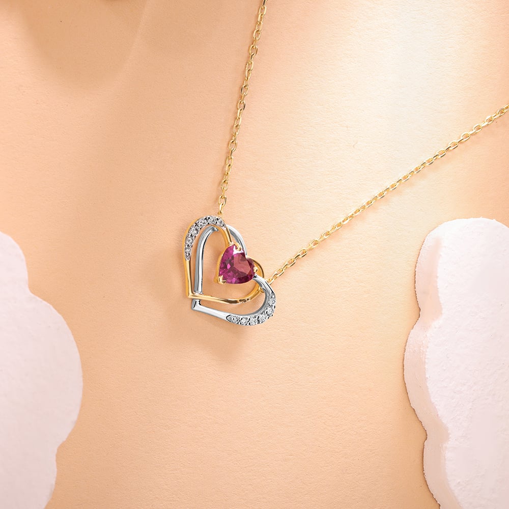 Interconnected Heart 14KT Gold Diamond & Pink Garnet Pendant & Chain,,hi-res image number null