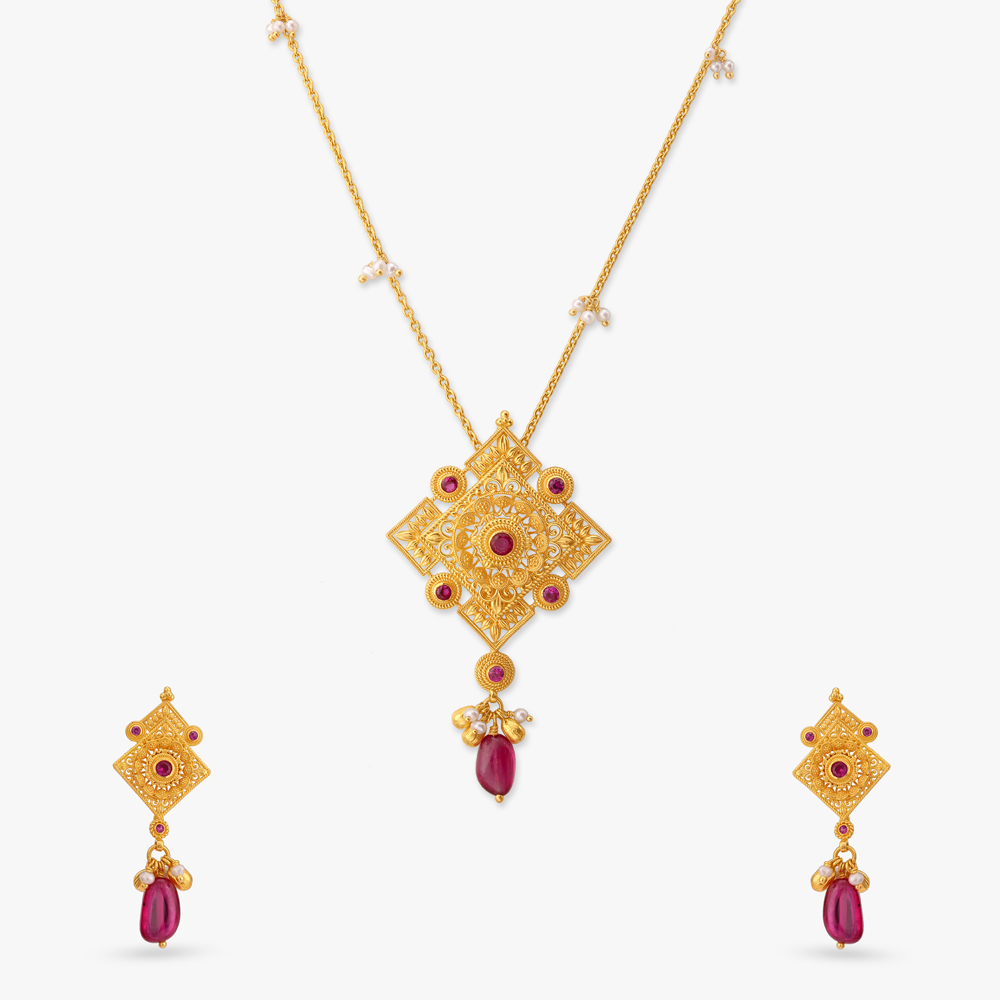 

Radiant Heritage Gold Pendant with Chain and Earrings Set