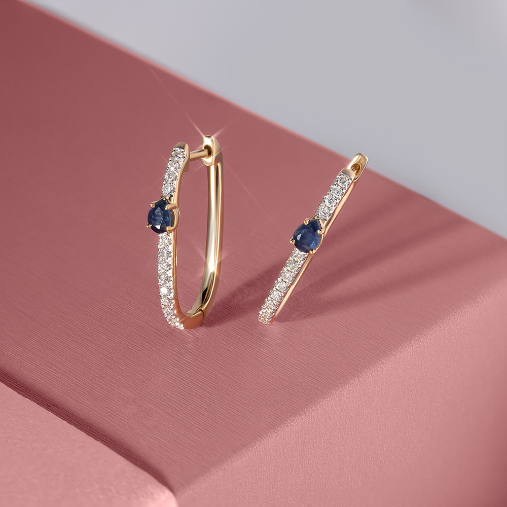 Sleek Sapphire Gold & Diamond Hoop Earrings,,hi-res image number null