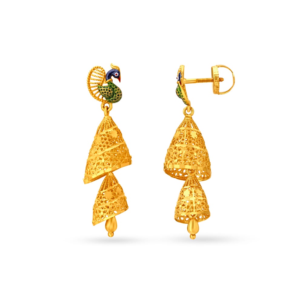 Peacock Inspired Gold Jhumkas,,hi-res image number null