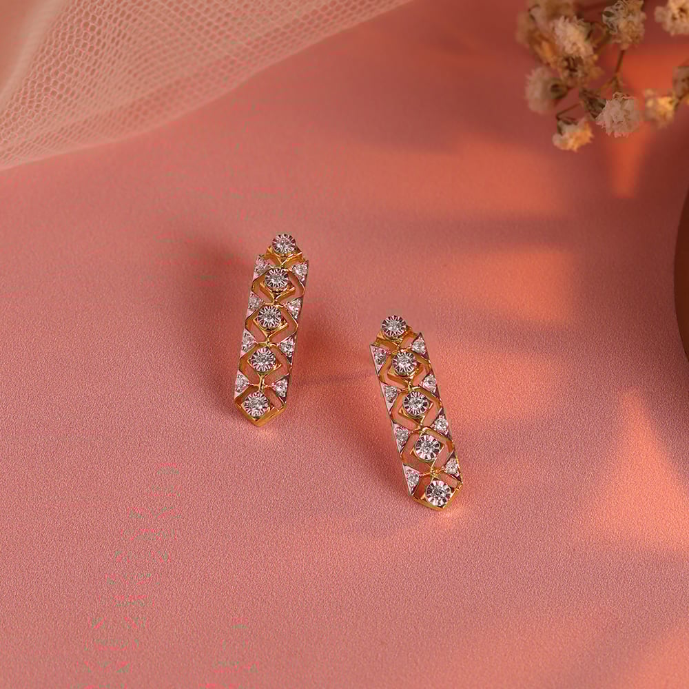 Intricate Lattice Gold & Diamond Stud Earrings,,hi-res image number null
