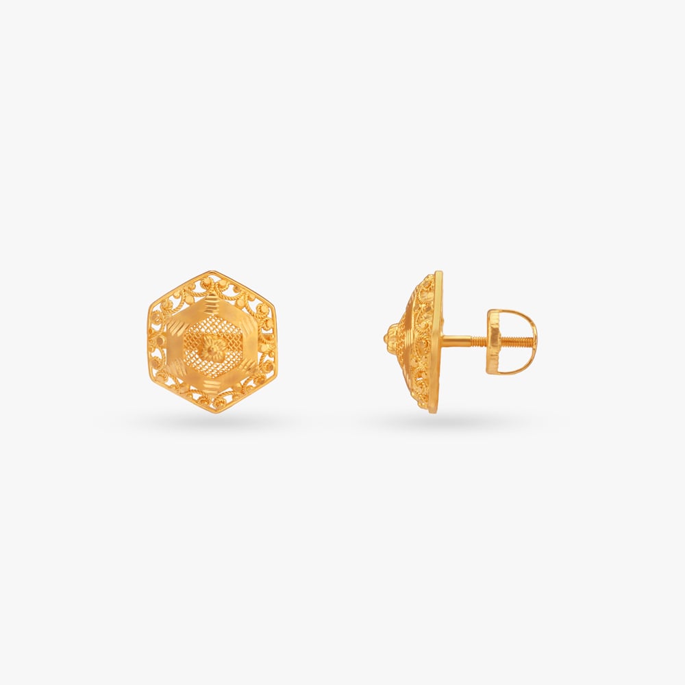 

Hexagon Crest Gold Stud Earrings