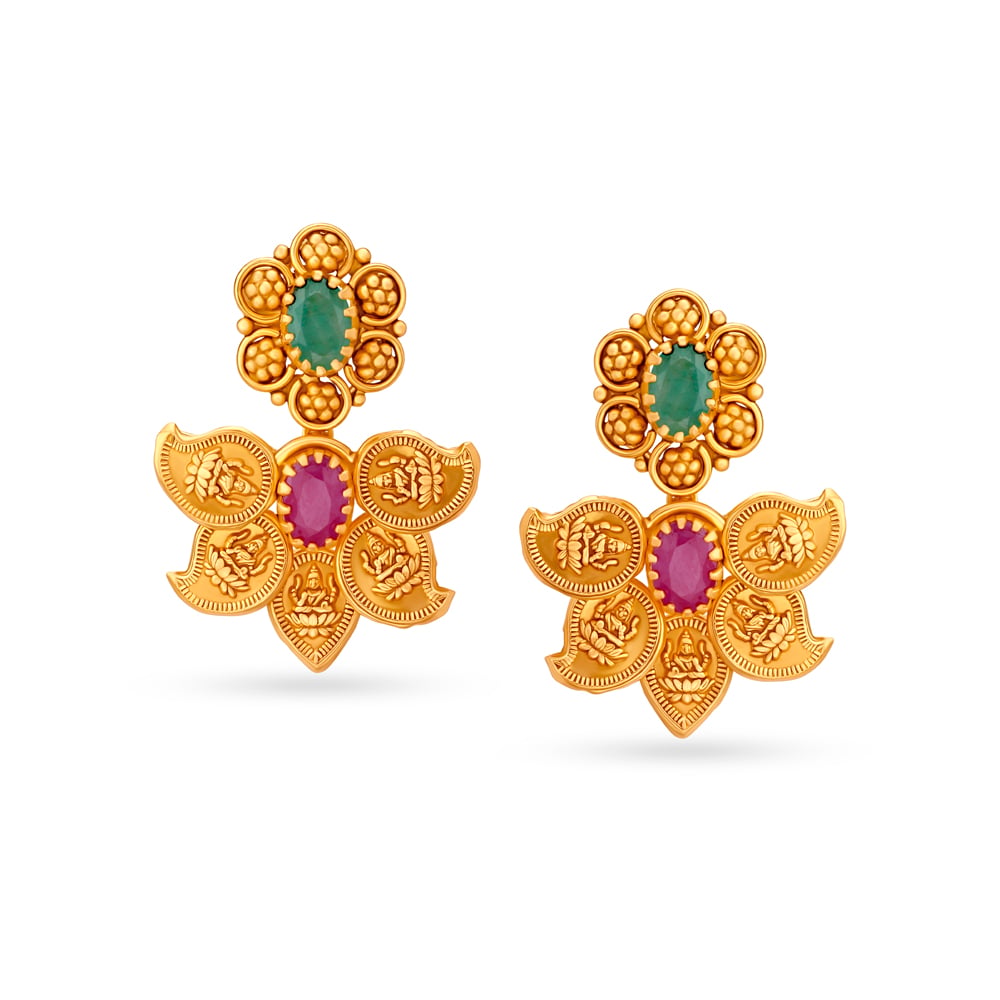 Emerald And Ruby Lakshmi Motif Gold Drop Earrings,,hi-res image number null