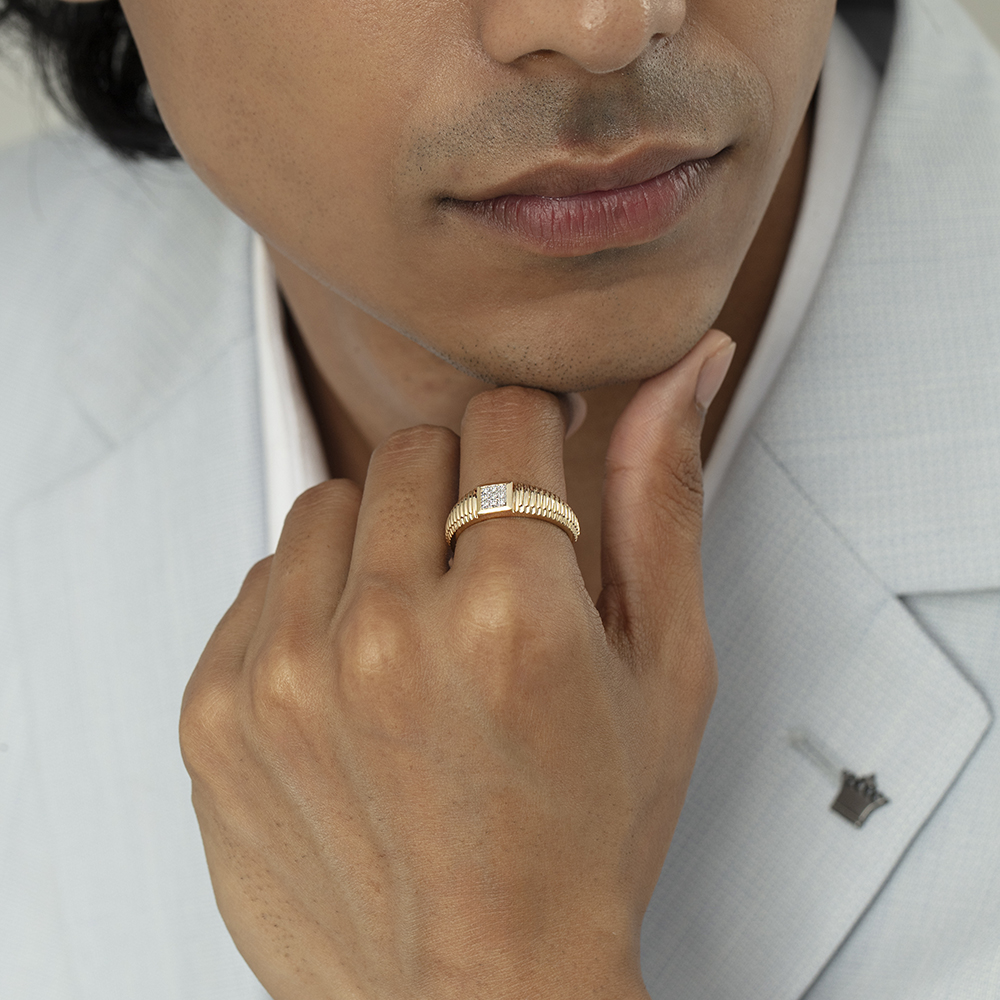 Ribbed Radiance Gold & Diamond Ring for Men,,hi-res image number null