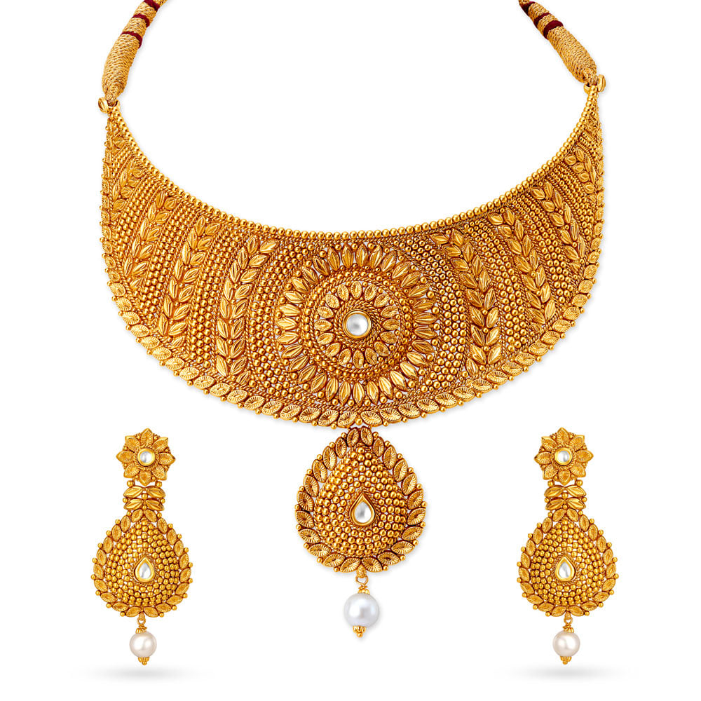 Queenly Rawa Work Leaf Motif Gold Necklace Set,,hi-res image number null