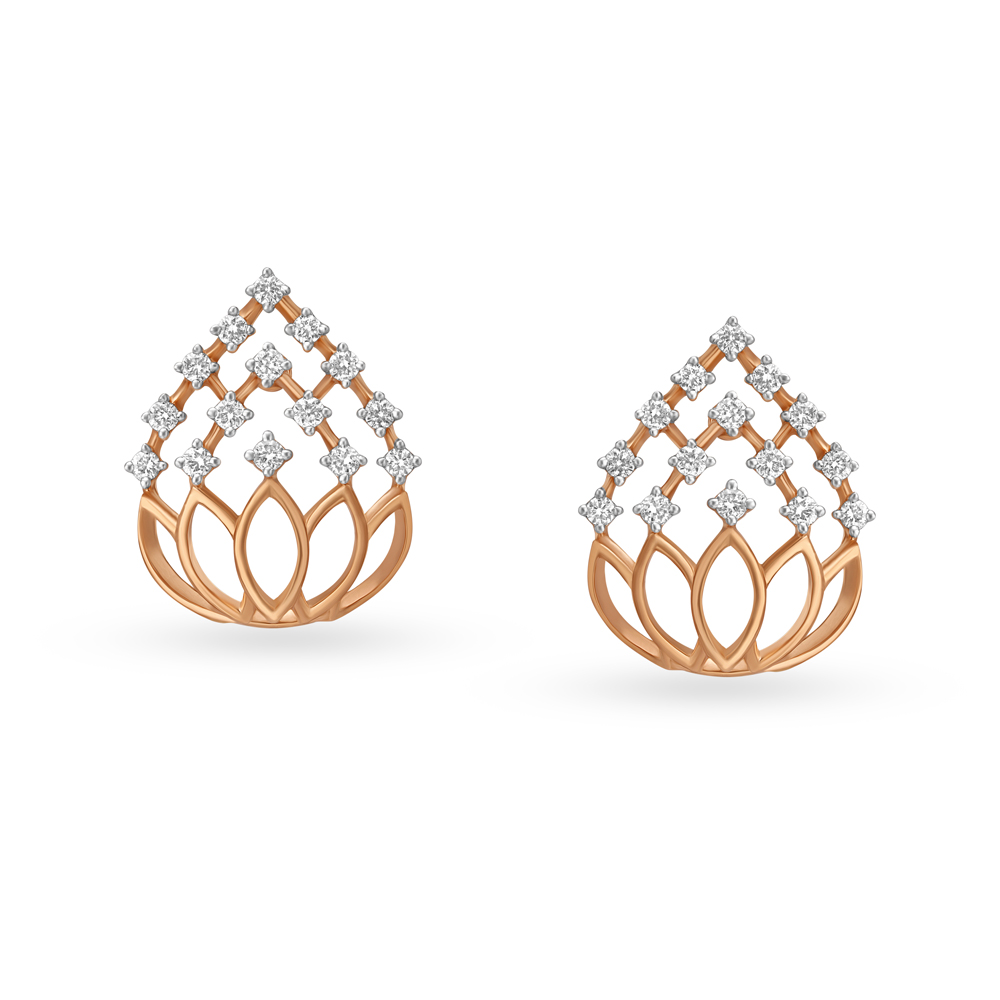Chic Lotus Inspired Diamond and Gold Stud Earrings,,hi-res image number null