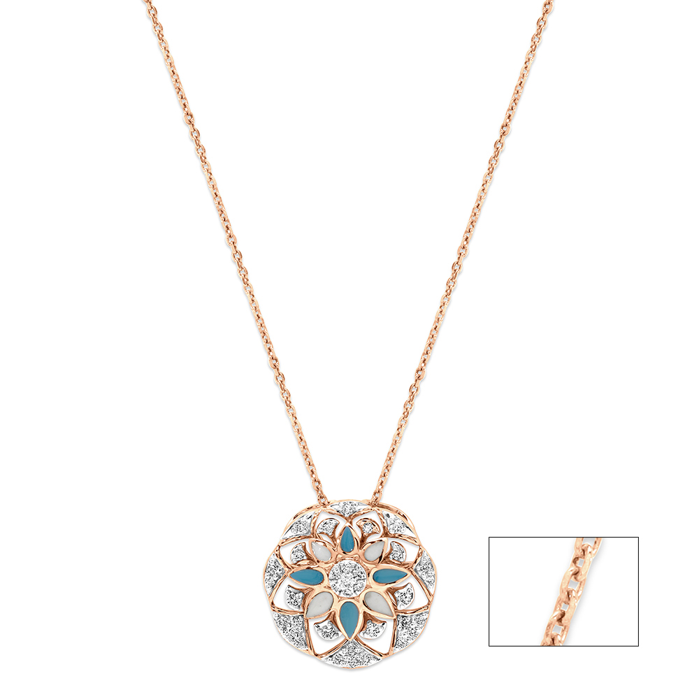 14 KT Rose Gold Ornate Flower Diamond Pendant With Chain
